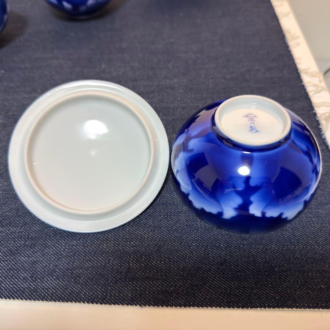 宮内庁御用達 深川製磁 瑠璃 山水 蓋付湯呑 7客揃 美品 有田 フカガワブルー