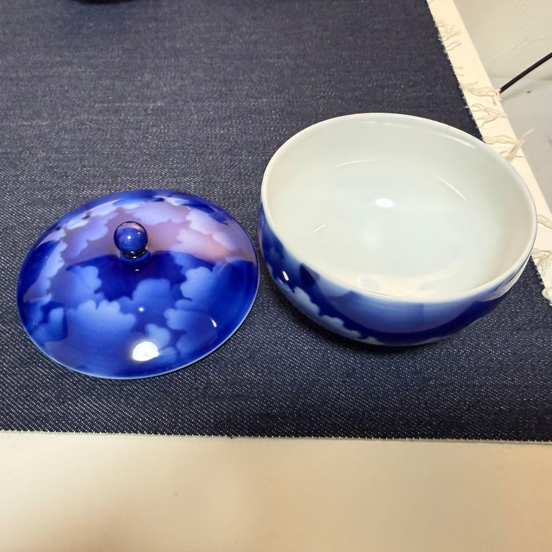 宮内庁御用達 深川製磁 瑠璃 山水 蓋付湯呑 7客揃 美品 有田 フカガワブルー