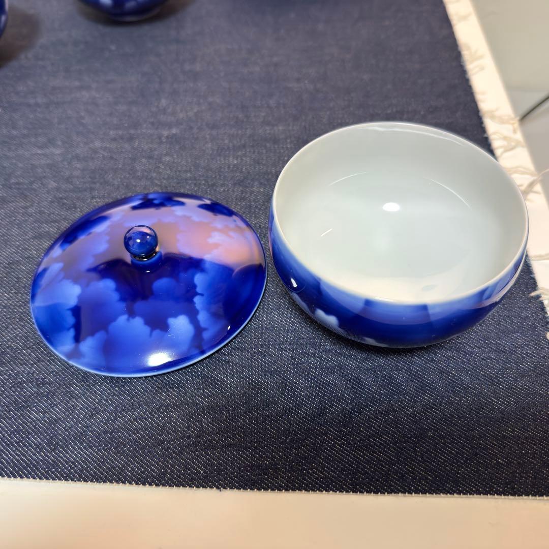 宮内庁御用達 深川製磁 瑠璃 山水 蓋付湯呑 7客揃 美品 有田 フカガワブルー