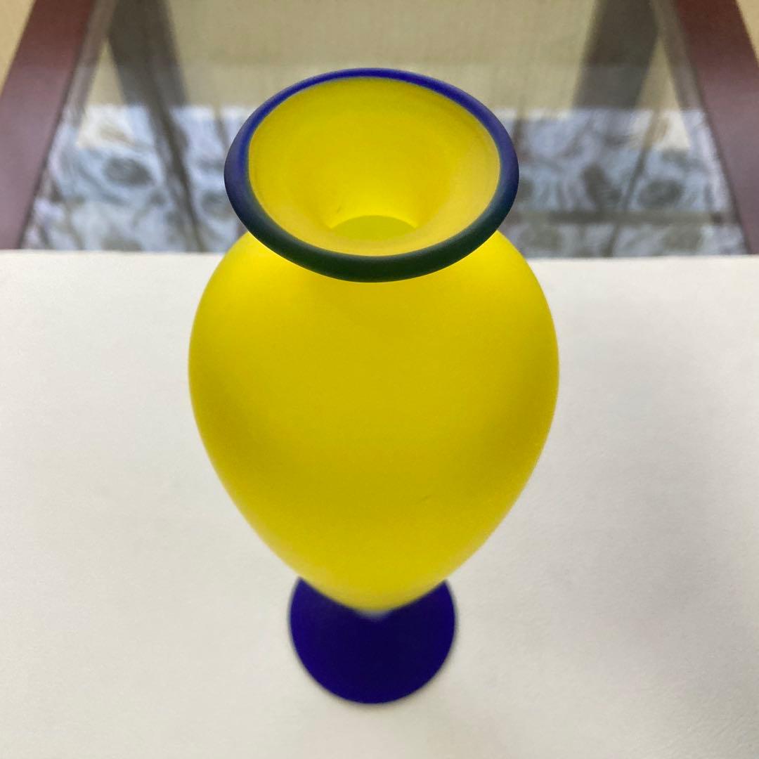 HOYAクリスタル 花瓶 花器 フラワーベース 置物 硝子 イエロー 青 レトロ