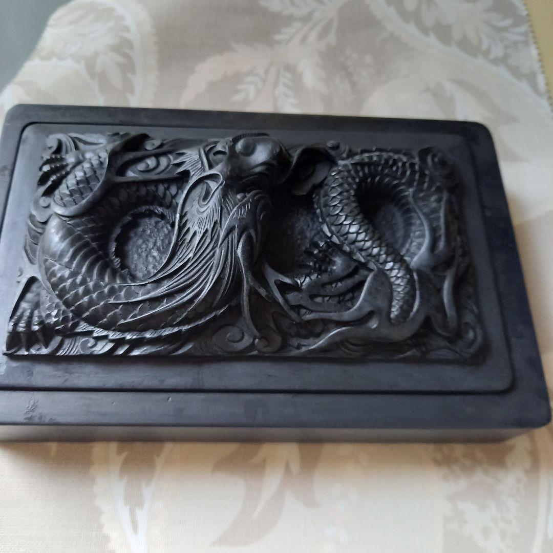 硯　龍蓋硯　黒　龍彫硯　骨董品　アンティーク