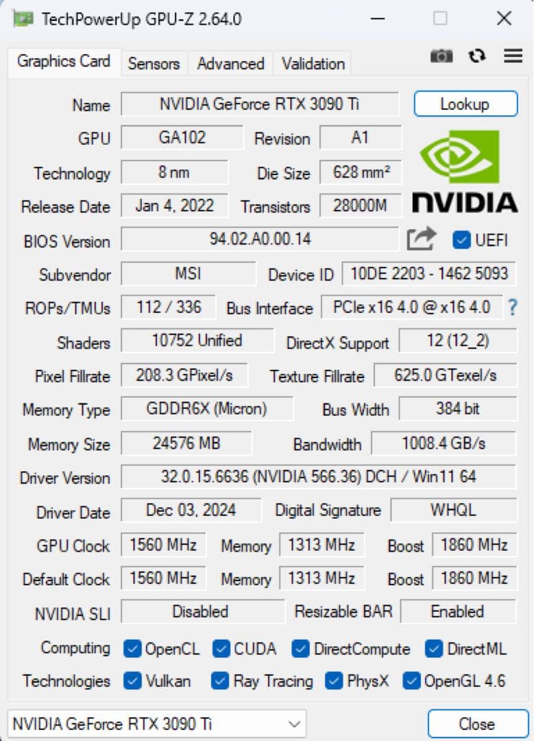グラフィックボード・グラボ・ビデオカード MSI GeForce RTX 3090 Ti BLACK TRIO 24G