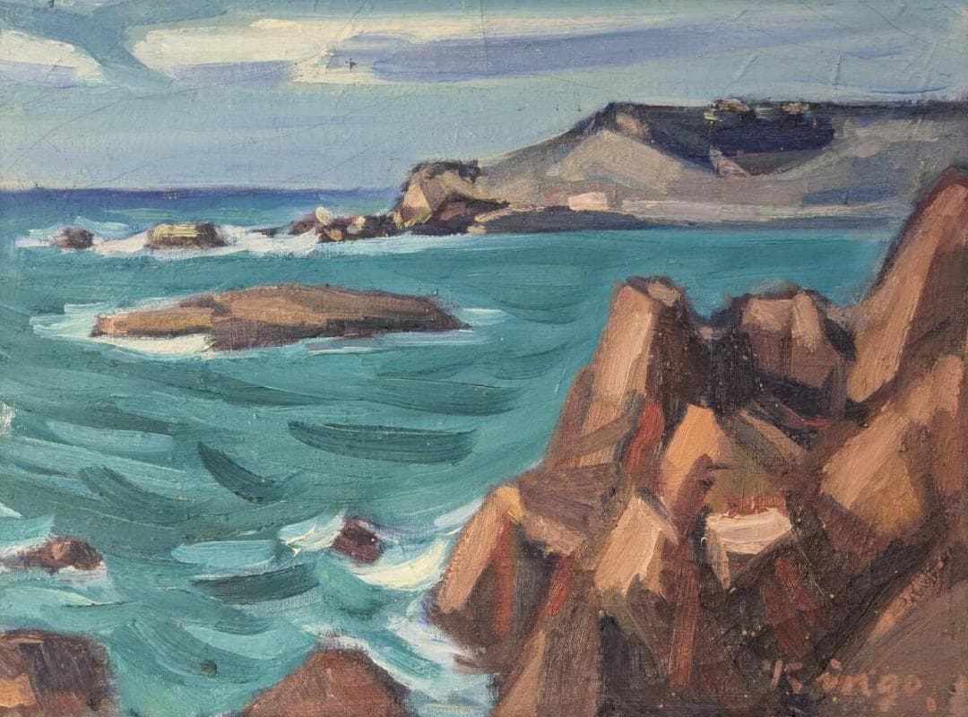 【真作】絵画　吉村欽吾　油彩6号　爪木崎　断崖に寄せる波　悠久の海原　Y132