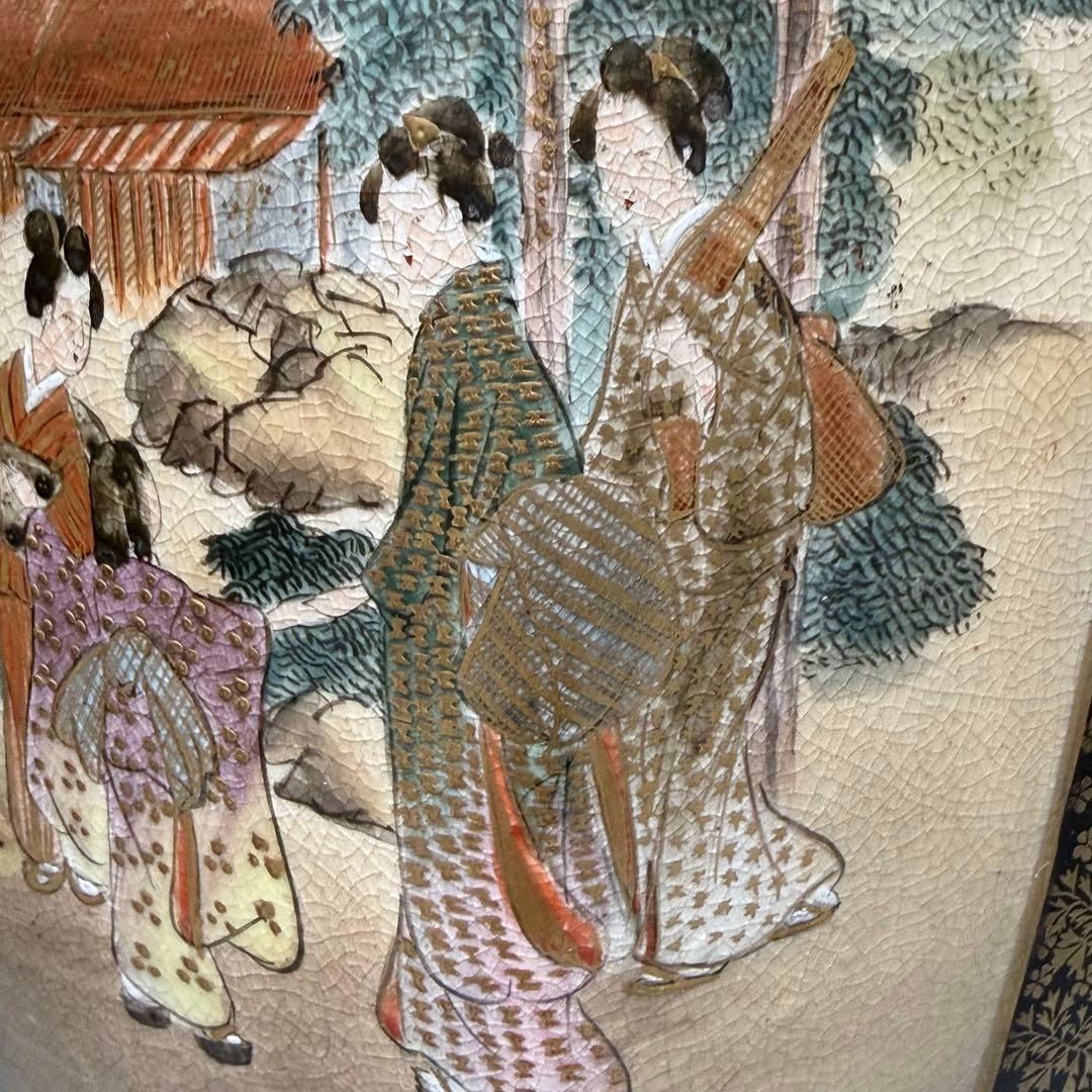 幕末〜明治期　瑠璃薩摩　美人図六角花瓶　共箱　蒐集家　豪商旧蔵品　高30.8cm