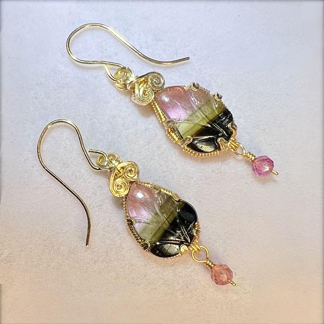 天然石　パーティーカラートルマリン　ワイヤーラッピング　ピアス　14kgf