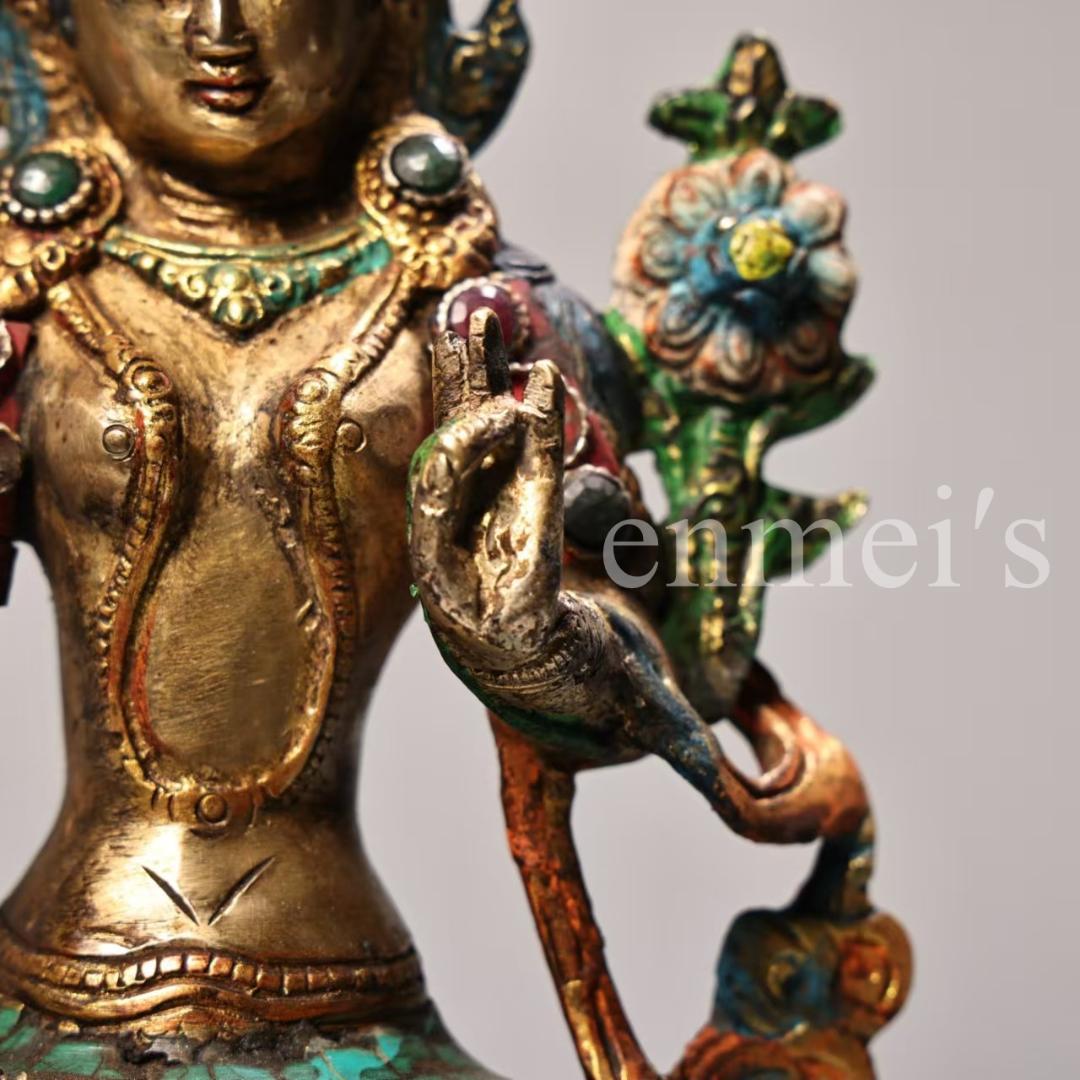 古美術・希少・旧蔵品 西蔵収蔵 純銅製 高浮彫 錾刻 彩色 宝石象嵌 白度母仏像