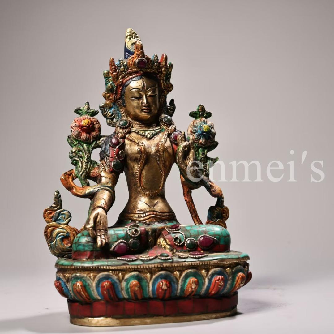 古美術・希少・旧蔵品 西蔵収蔵 純銅製 高浮彫 錾刻 彩色 宝石象嵌 白度母仏像