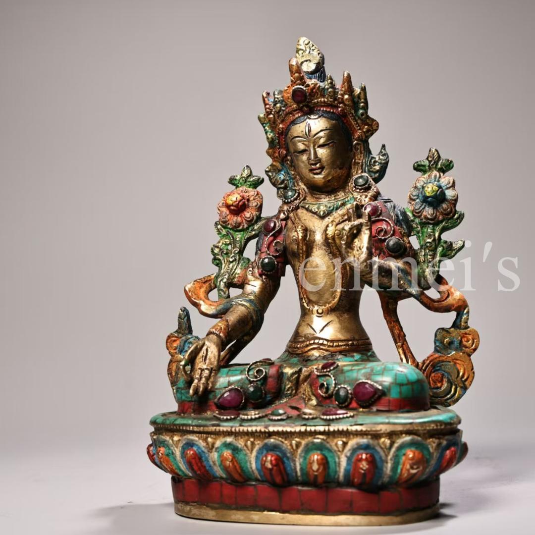 古美術・希少・旧蔵品 西蔵収蔵 純銅製 高浮彫 錾刻 彩色 宝石象嵌 白度母仏像