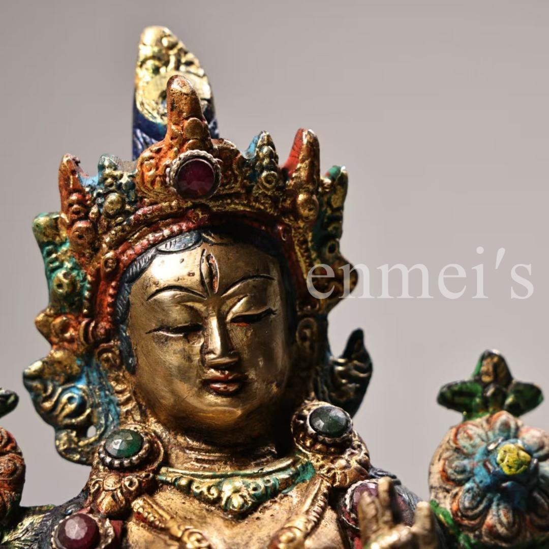古美術・希少・旧蔵品 西蔵収蔵 純銅製 高浮彫 錾刻 彩色 宝石象嵌 白度母仏像