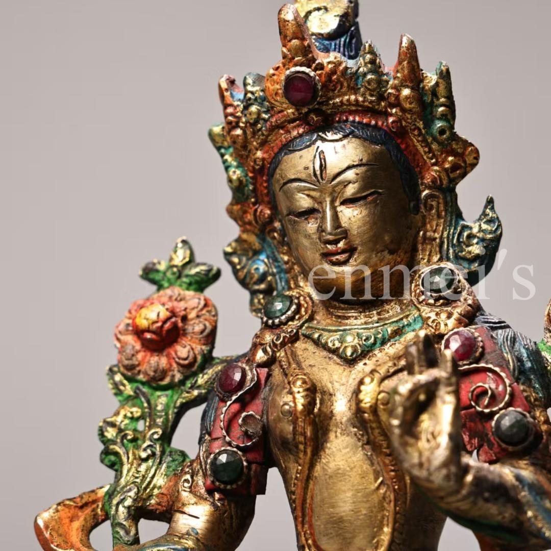 古美術・希少・旧蔵品 西蔵収蔵 純銅製 高浮彫 錾刻 彩色 宝石象嵌 白度母仏像