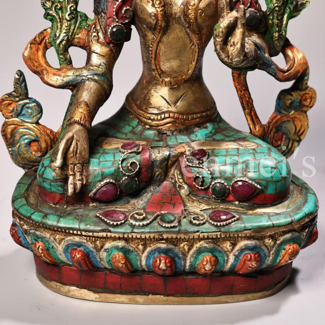 古美術・希少・旧蔵品 西蔵収蔵 純銅製 高浮彫 錾刻 彩色 宝石象嵌 白度母仏像