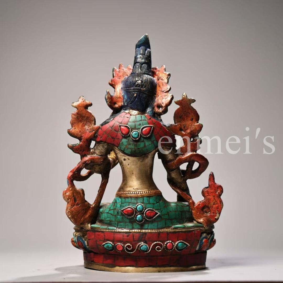 古美術・希少・旧蔵品 西蔵収蔵 純銅製 高浮彫 錾刻 彩色 宝石象嵌 白度母仏像