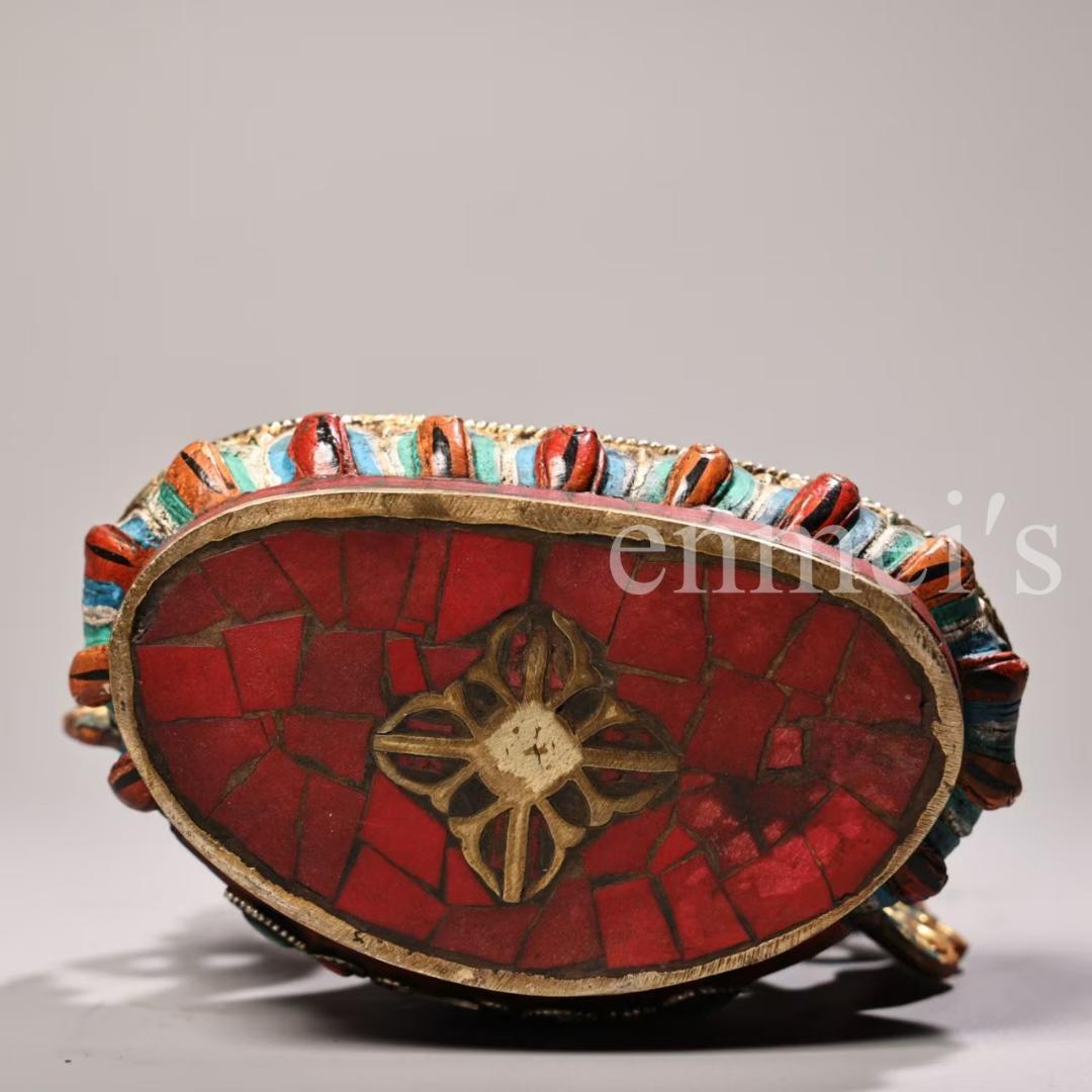 古美術・希少・旧蔵品 西蔵収蔵 純銅製 高浮彫 錾刻 彩色 宝石象嵌 白度母仏像