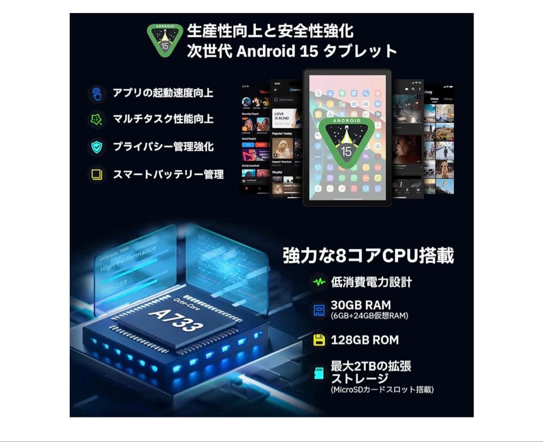 Android 15 タブレット 10.1インチ 30GB RAM