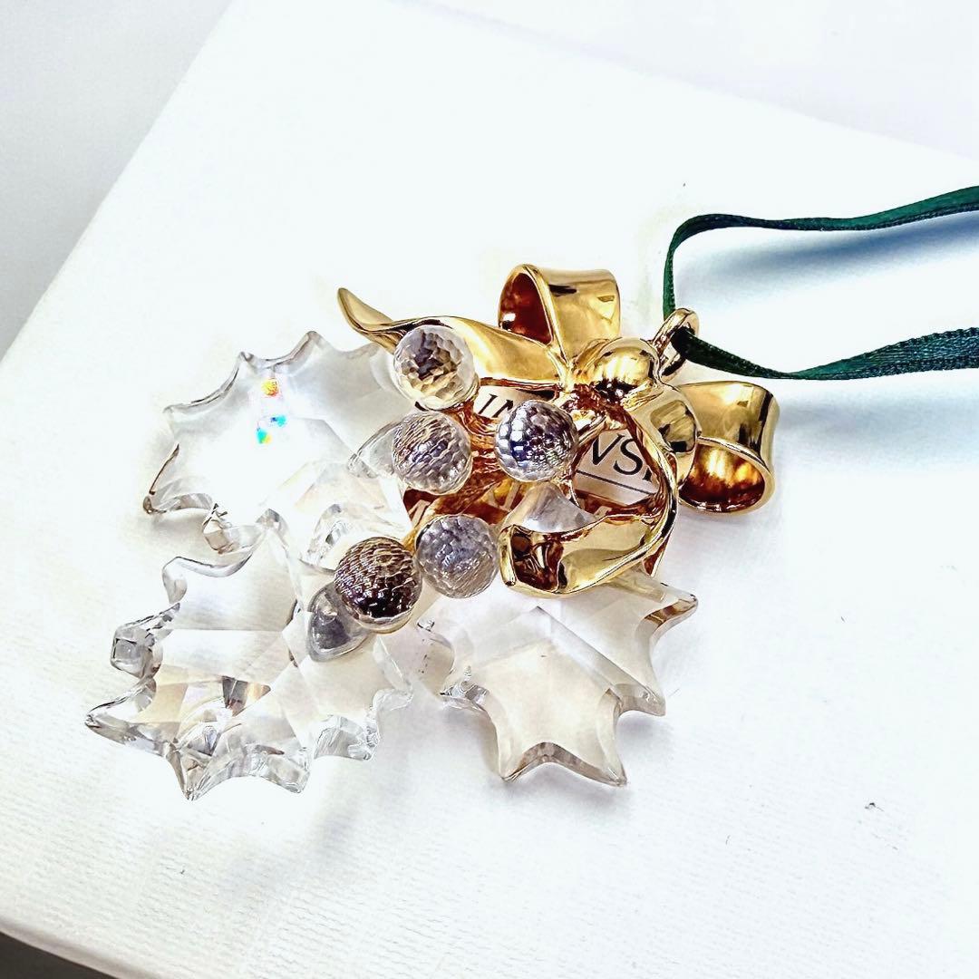 SWAROVSKI ヒイラギ　葉　柊　オーナメント　クリスタル　ゴールド　リボン