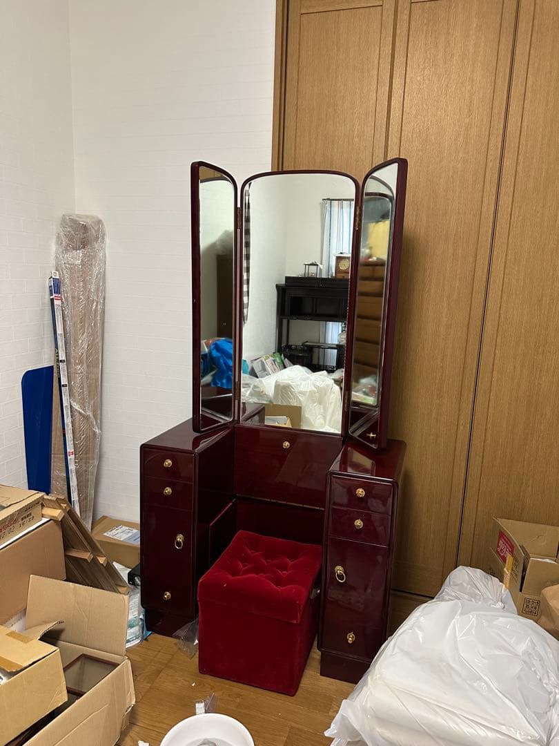 ワインレッド 3面鏡ドレッサー