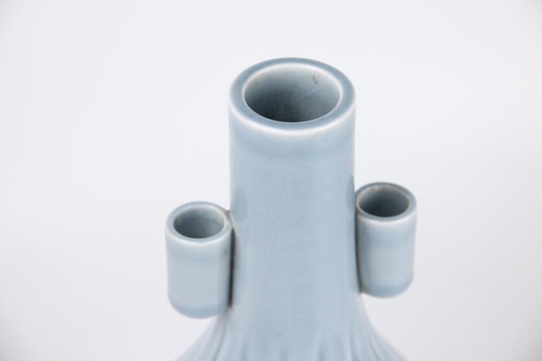 伊藤陶山 造 天藍瓷 耳付 花瓶 花鉢 共箱 AR2119