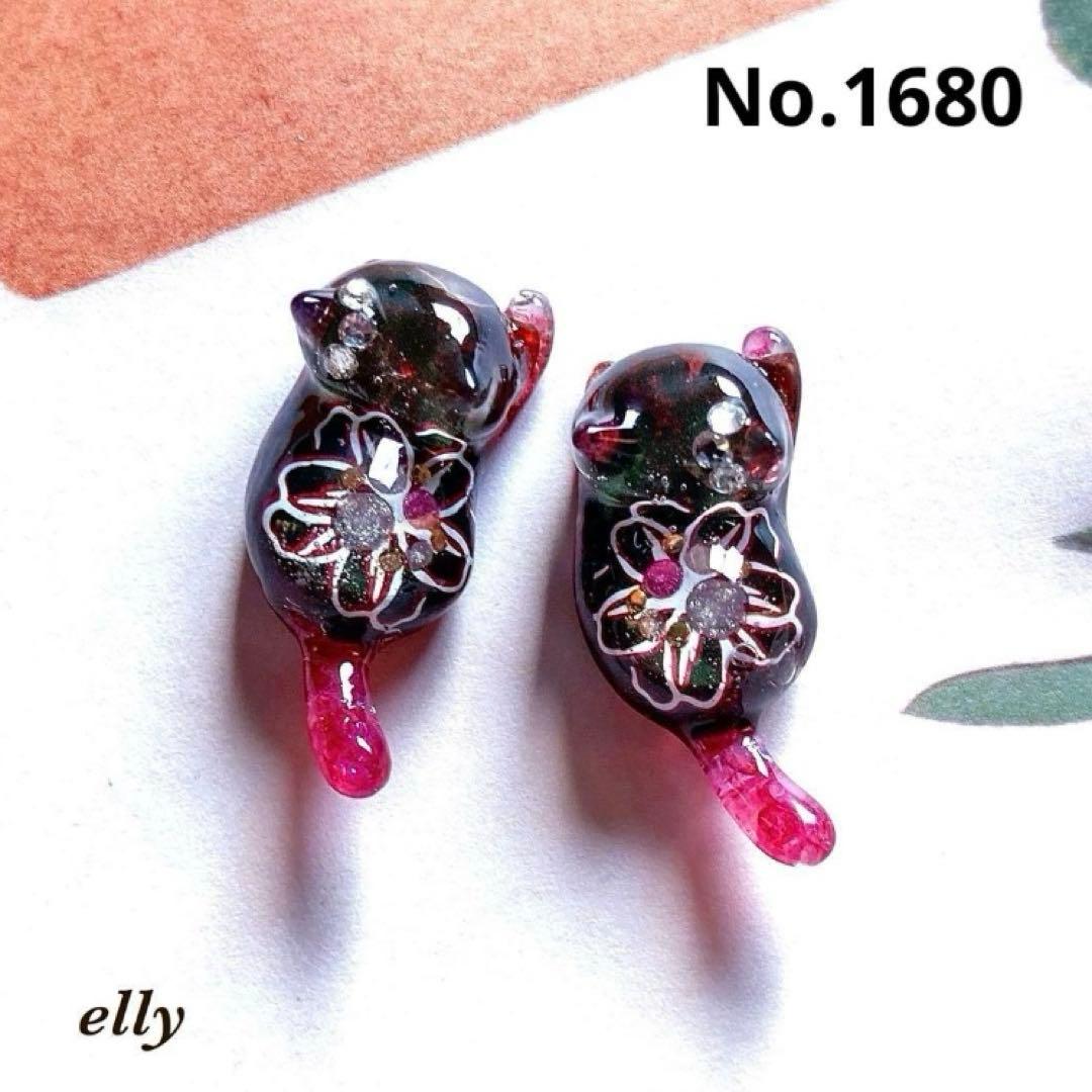 【やの様】1661.天然石　オブシディアン　和柄　じゃれ猫　レジン　キーホルダー