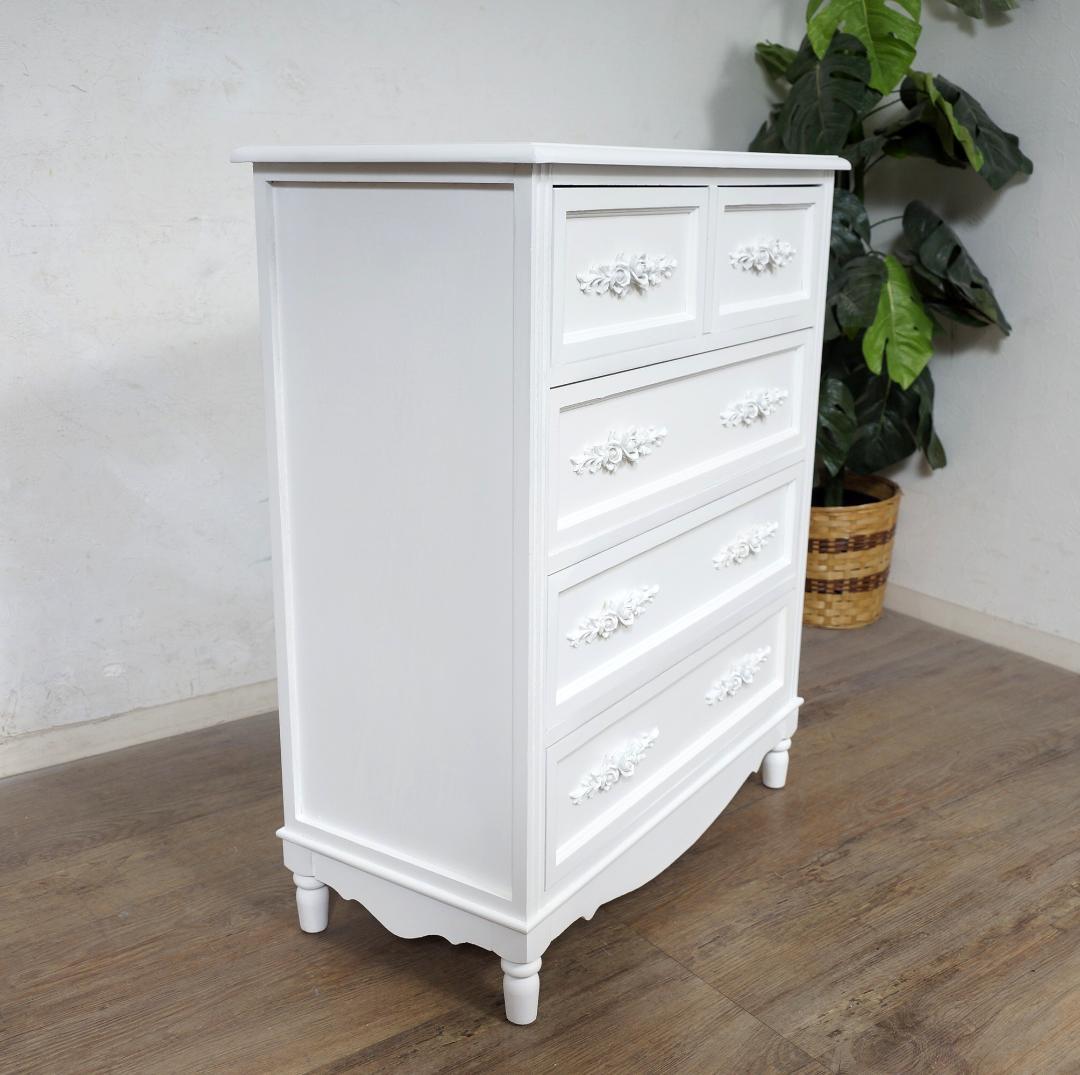 ◆訳あり◆【新品】アンティーク調 ホワイトチェスト ローズレリーフ　エレガント