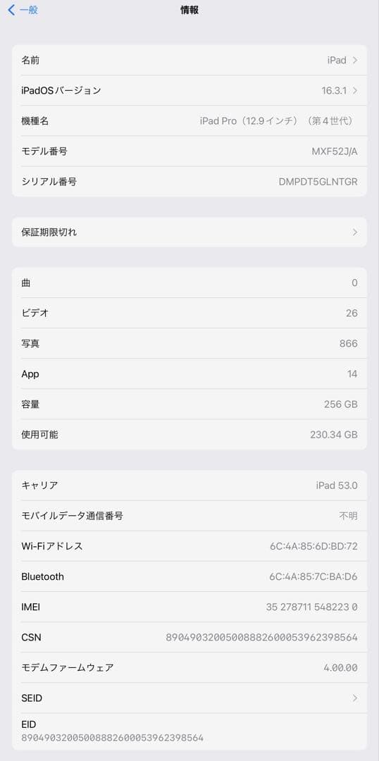 極美品 iPad Pro 12.9 第4世代 256GB WiFi+Cell