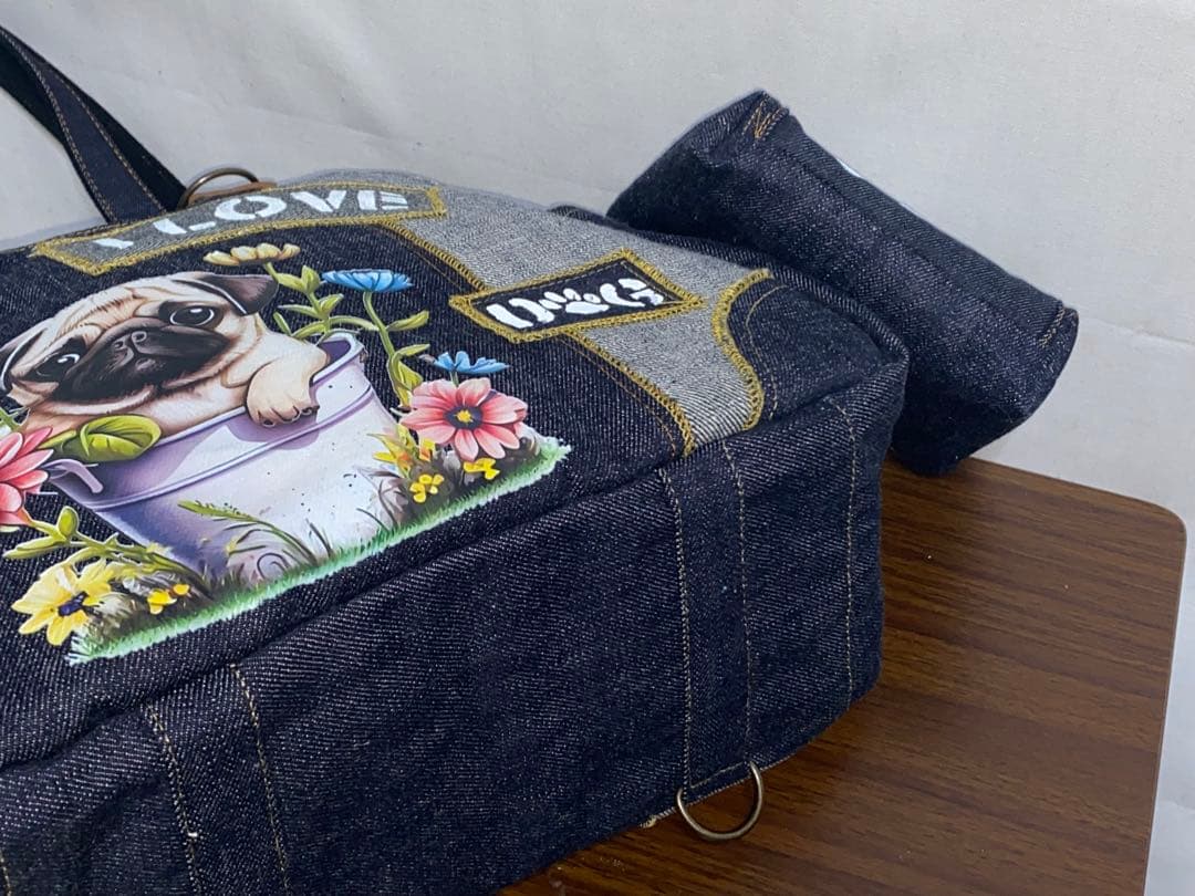 ハンドメイド☆岡山デニム&ステンシル☆パグ☆リュック対応☆4wayあおりバッグ