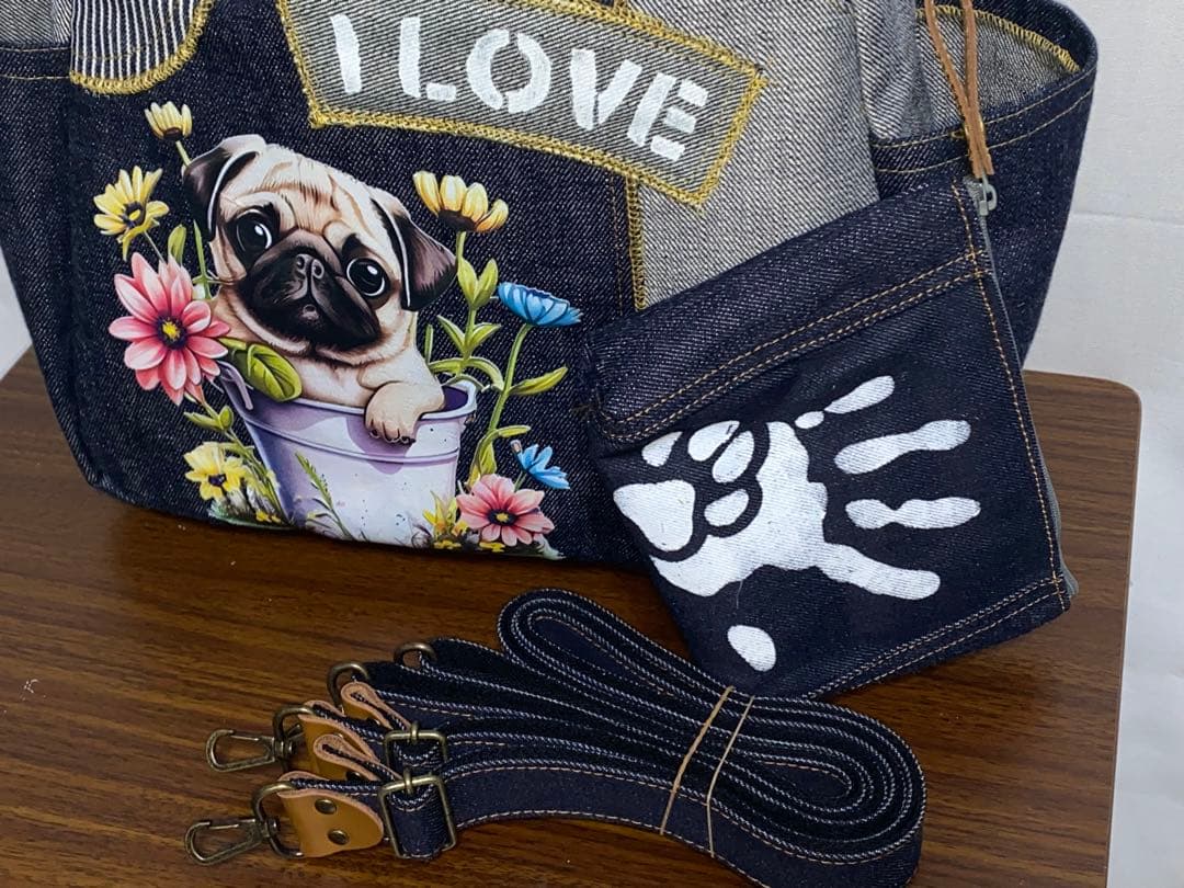 ハンドメイド☆岡山デニム&ステンシル☆パグ☆リュック対応☆4wayあおりバッグ