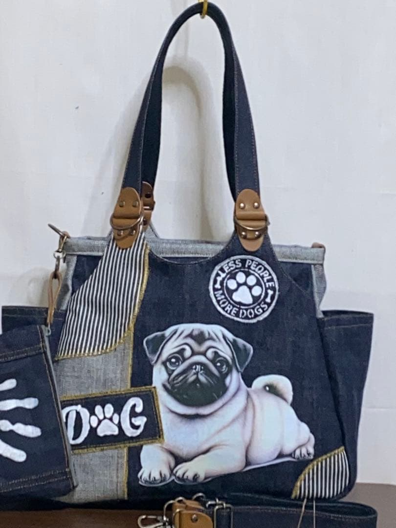 ハンドメイド☆岡山デニム&ステンシル☆パグ☆リュック対応☆4wayあおりバッグ