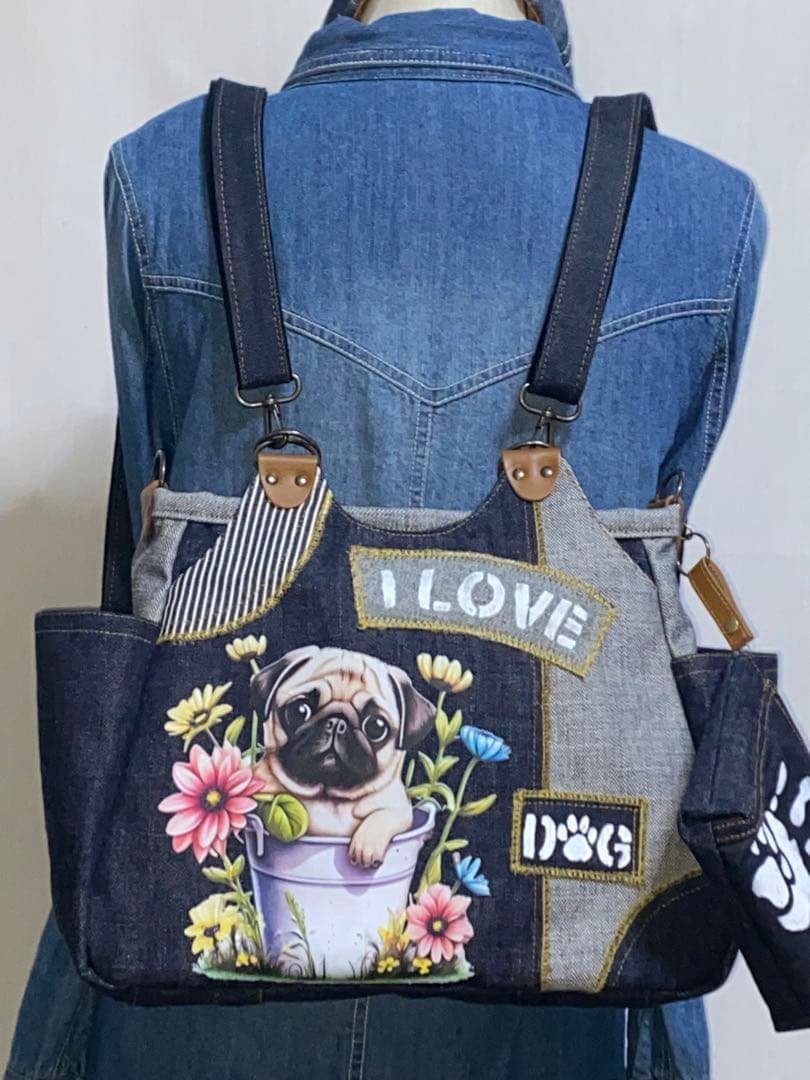 ハンドメイド☆岡山デニム&ステンシル☆パグ☆リュック対応☆4wayあおりバッグ