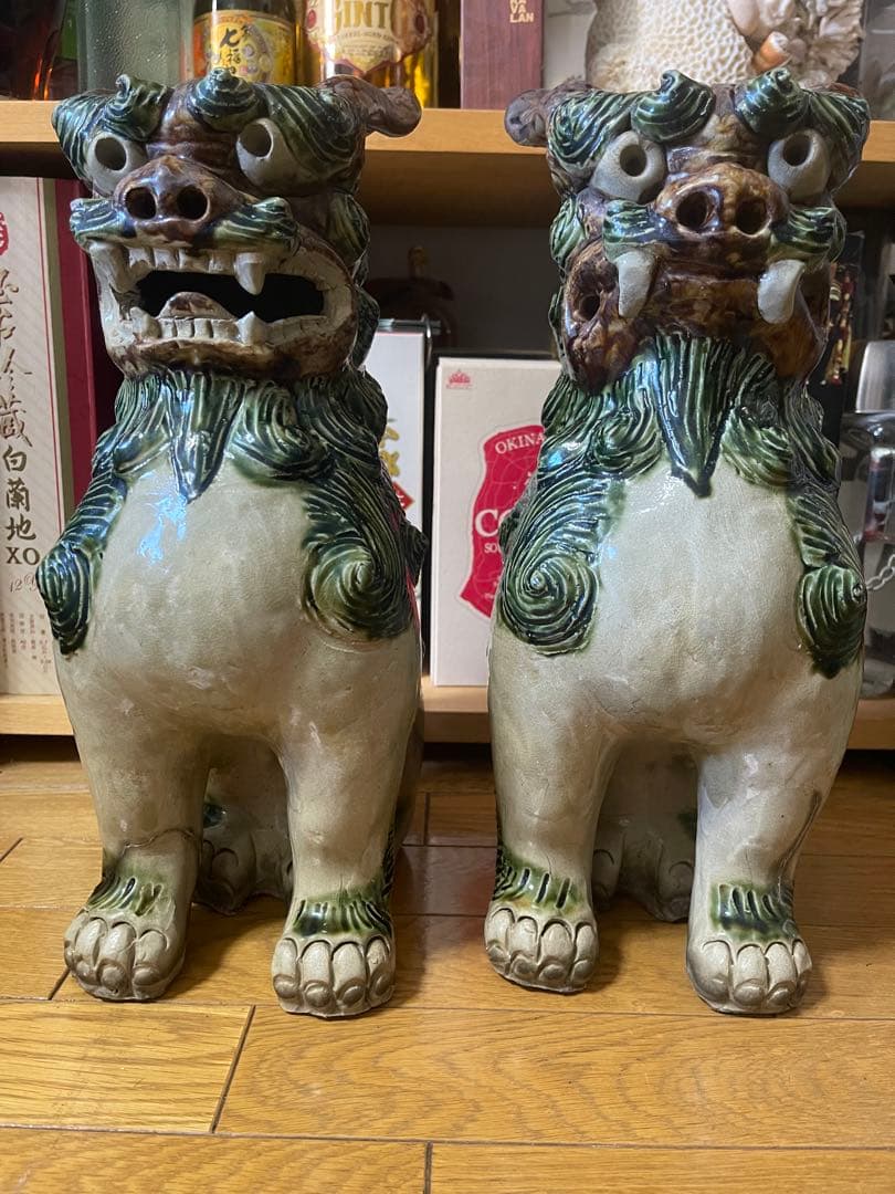 シーサー像 陶器製 対の置物 高さ約37cm