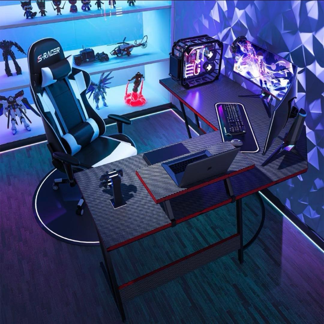 エル字型ゲーミングデスク ブラック モニタスタンド付き 省スペース