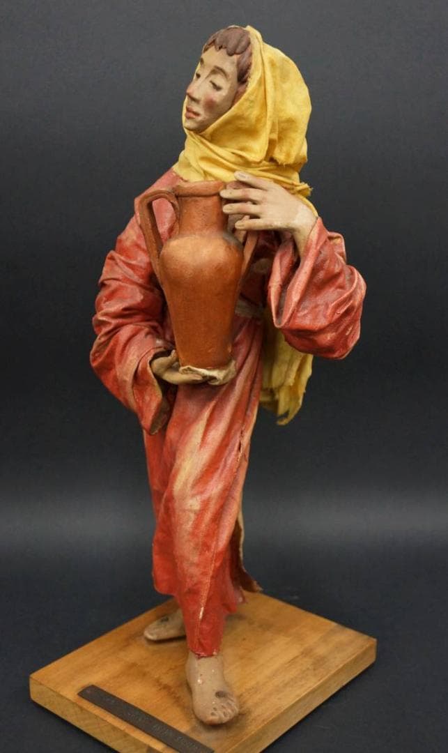 イタリア工芸品 紙人形『水瓶を持つ女性』48/300 アンティーク人形 木製台座