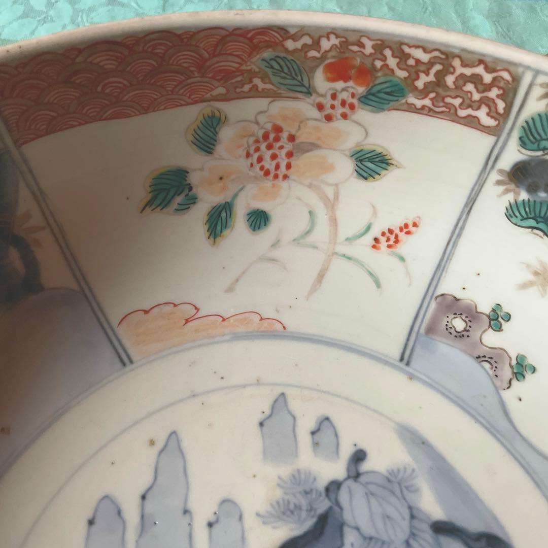 幕末明治　色絵　金彩　手描き　染付　二重高台　深鉢