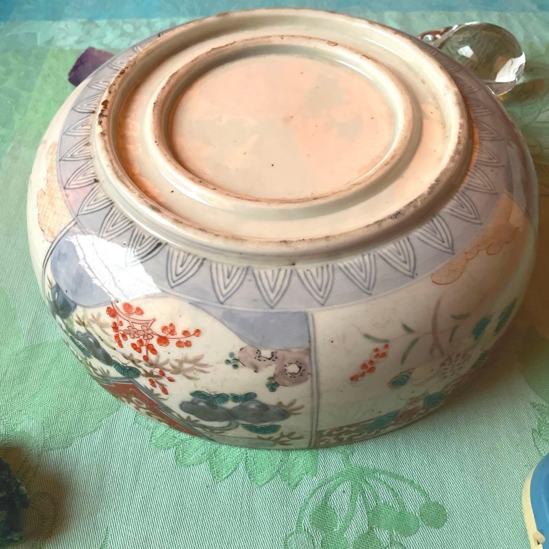 幕末明治　色絵　金彩　手描き　染付　二重高台　深鉢