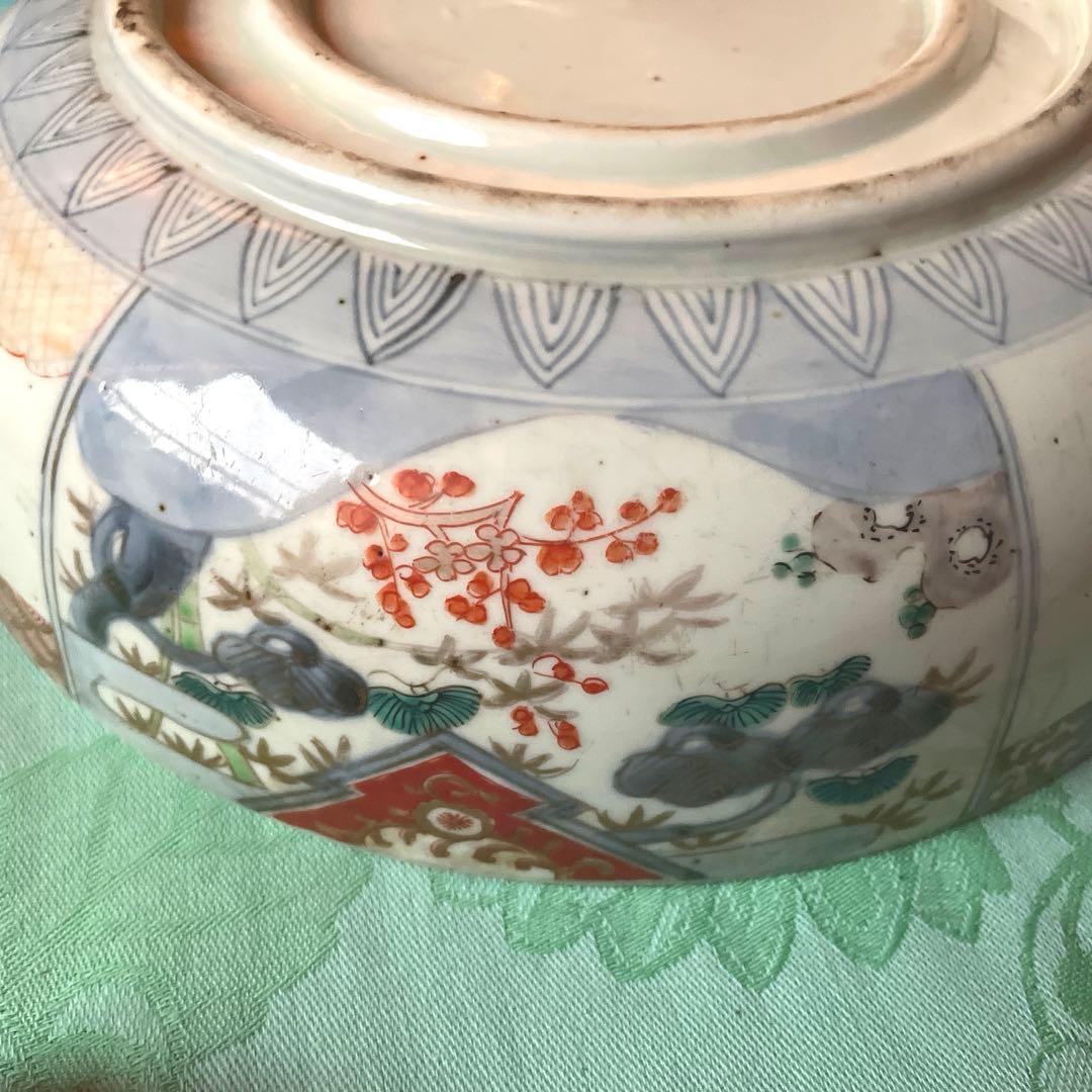 幕末明治　色絵　金彩　手描き　染付　二重高台　深鉢