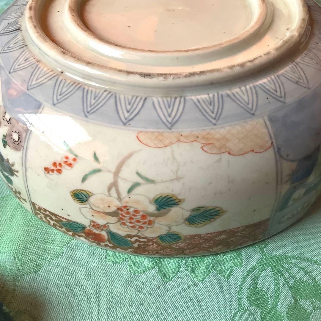 幕末明治　色絵　金彩　手描き　染付　二重高台　深鉢