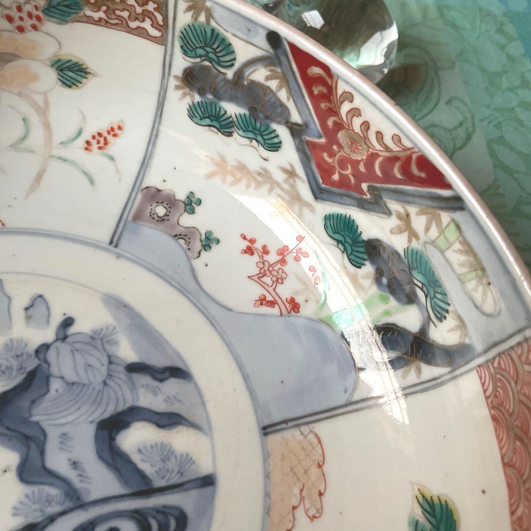 幕末明治　色絵　金彩　手描き　染付　二重高台　深鉢