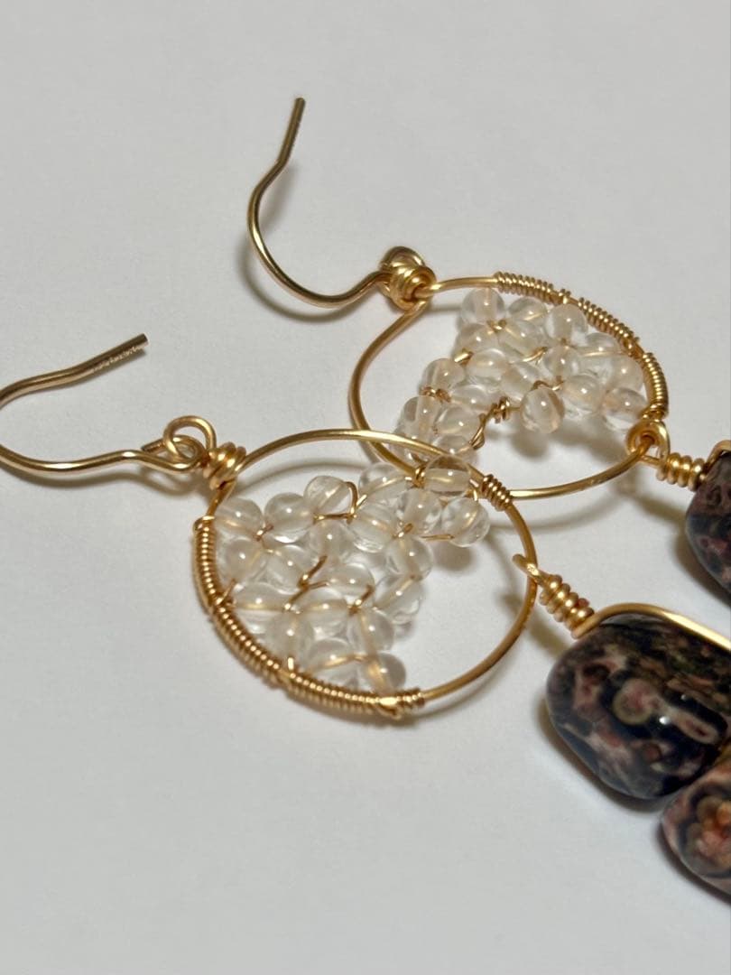 K14GF ジャスパー 水晶　ブラブラピアス