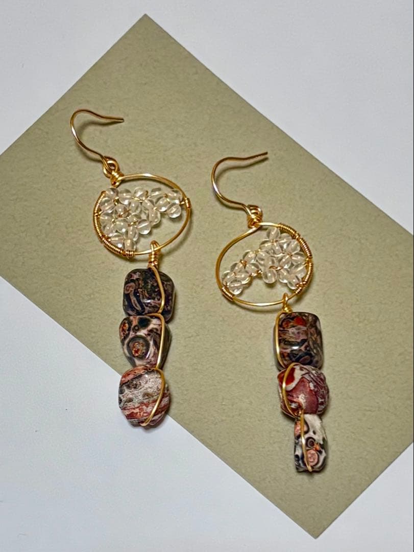 K14GF ジャスパー 水晶　ブラブラピアス