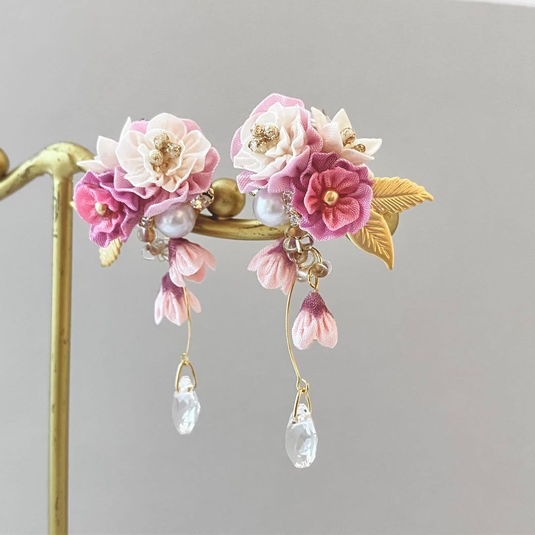 no.62 ピンク　華やかブーケビジューピアス　イヤリング　和風　成人式　振袖