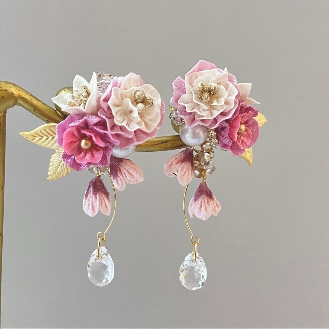 no.62 ピンク　華やかブーケビジューピアス　イヤリング　和風　成人式　振袖