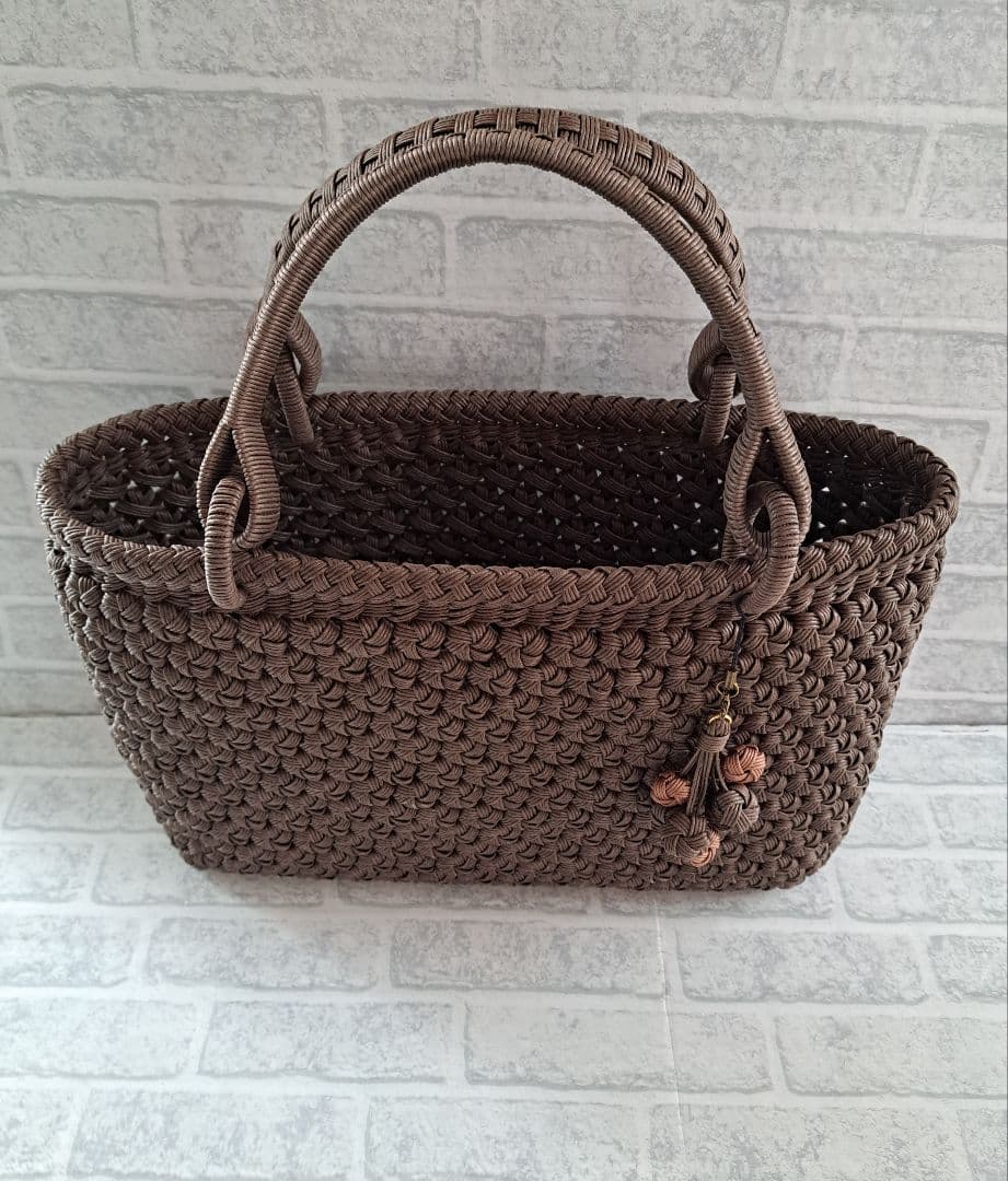 大サイズ ライトチョコ山葡萄風 クラフトバンド花結び クラフトテープかごバッグ