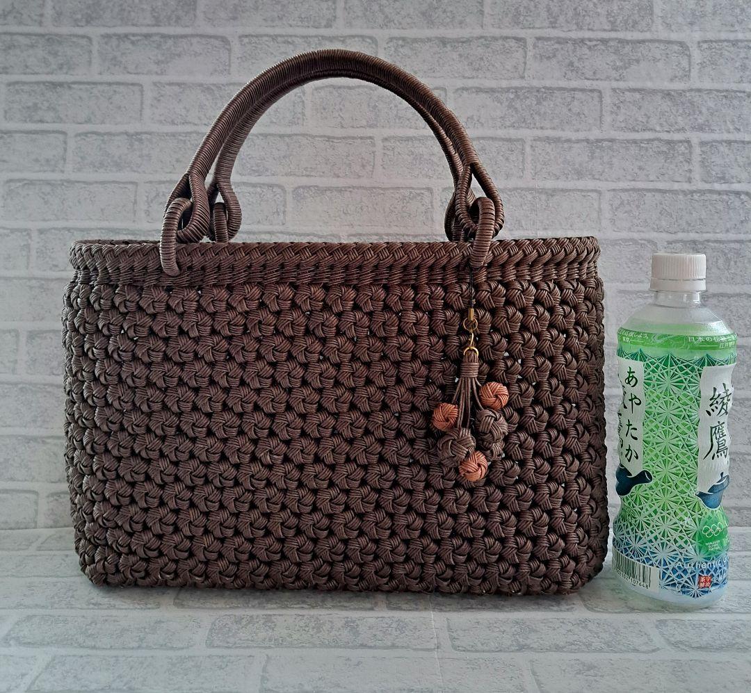 大サイズ ライトチョコ山葡萄風 クラフトバンド花結び クラフトテープかごバッグ