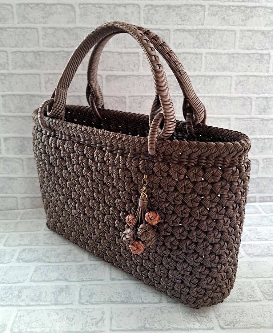 大サイズ ライトチョコ山葡萄風 クラフトバンド花結び クラフトテープかごバッグ