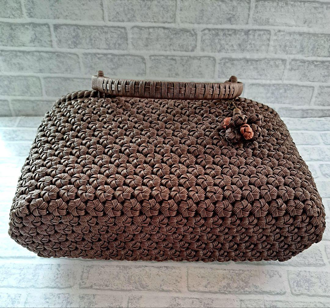 大サイズ ライトチョコ山葡萄風 クラフトバンド花結び クラフトテープかごバッグ