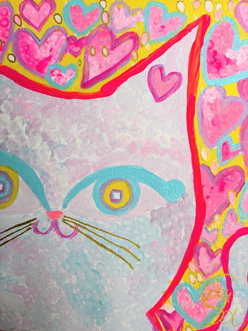 【ハートいっぱい白猫さん】F3キャンバス 絵画　猫　白猫　イラスト　猫絵