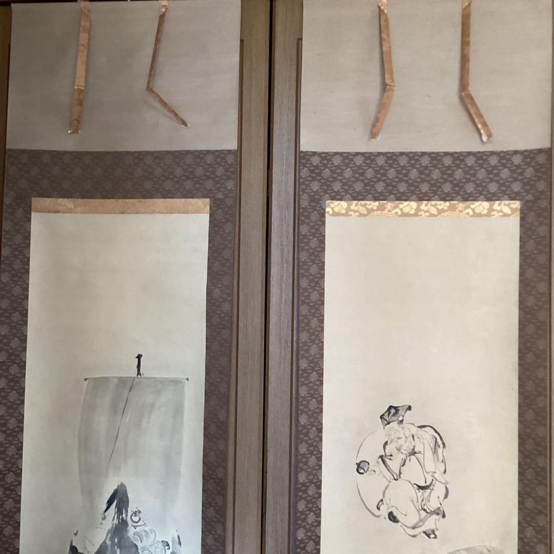狩野周信　絹本水墨画双幅　【　恵比寿大黒　宝舟図　】　桐箱　タトウ箱　　586