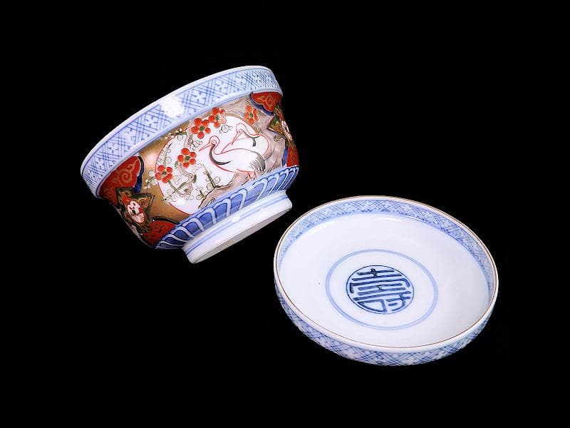 古伊万里　金襴手　双鶴に梅花の図　大振蓋茶碗　2客　D747AS-CHr