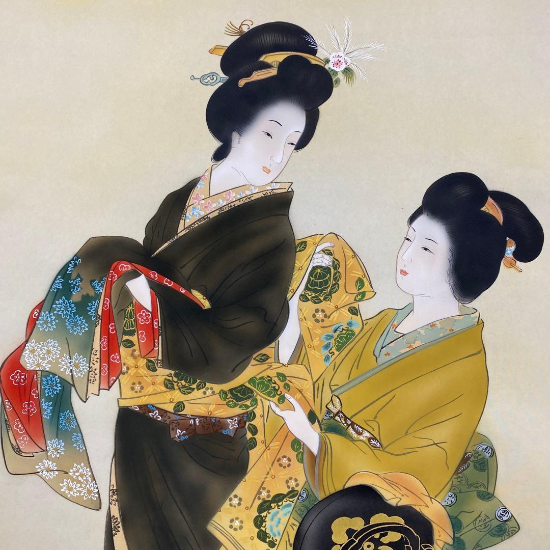美品 掛け軸 田口青児作 よそおい図 共箱 美人姉妹 浮世絵 おもてなし