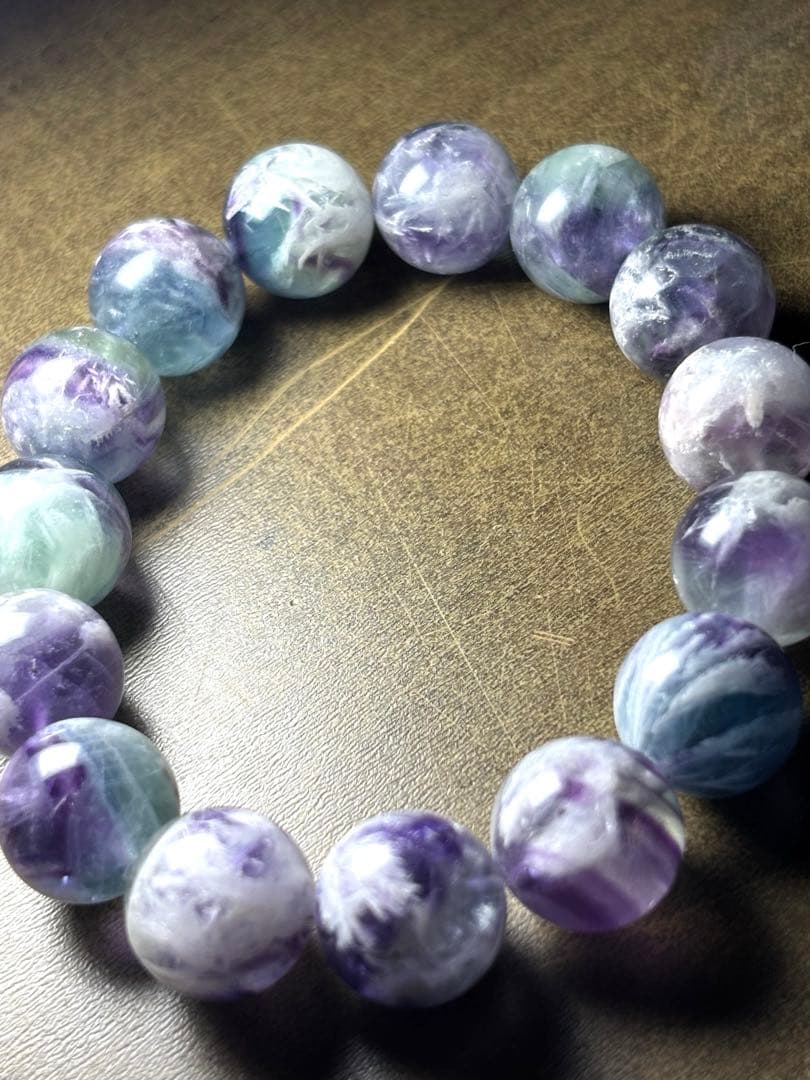 【極上】エンジェルフェザーフローライト ブレスレット14㎜新品ブルーパープル
