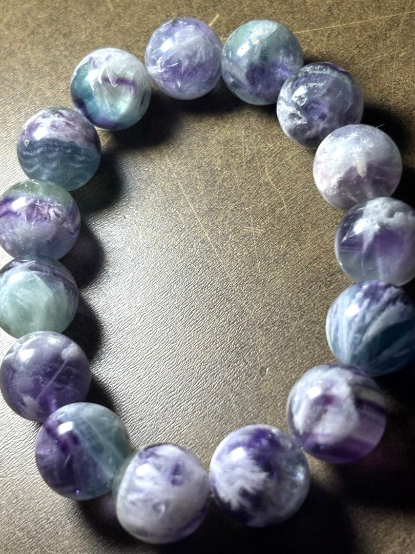 【極上】エンジェルフェザーフローライト ブレスレット14㎜新品ブルーパープル